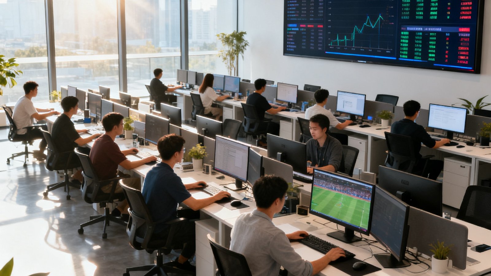 球吧公司开放式办公区场景，数十位团队成员坐在电脑前专注工作，墙上的大屏幕实时滚动着全球各项体育赛事的比分数据，阳光透过落地窗洒进现代简约风格的办公室，营造出专业而充满活力的工作氛围。