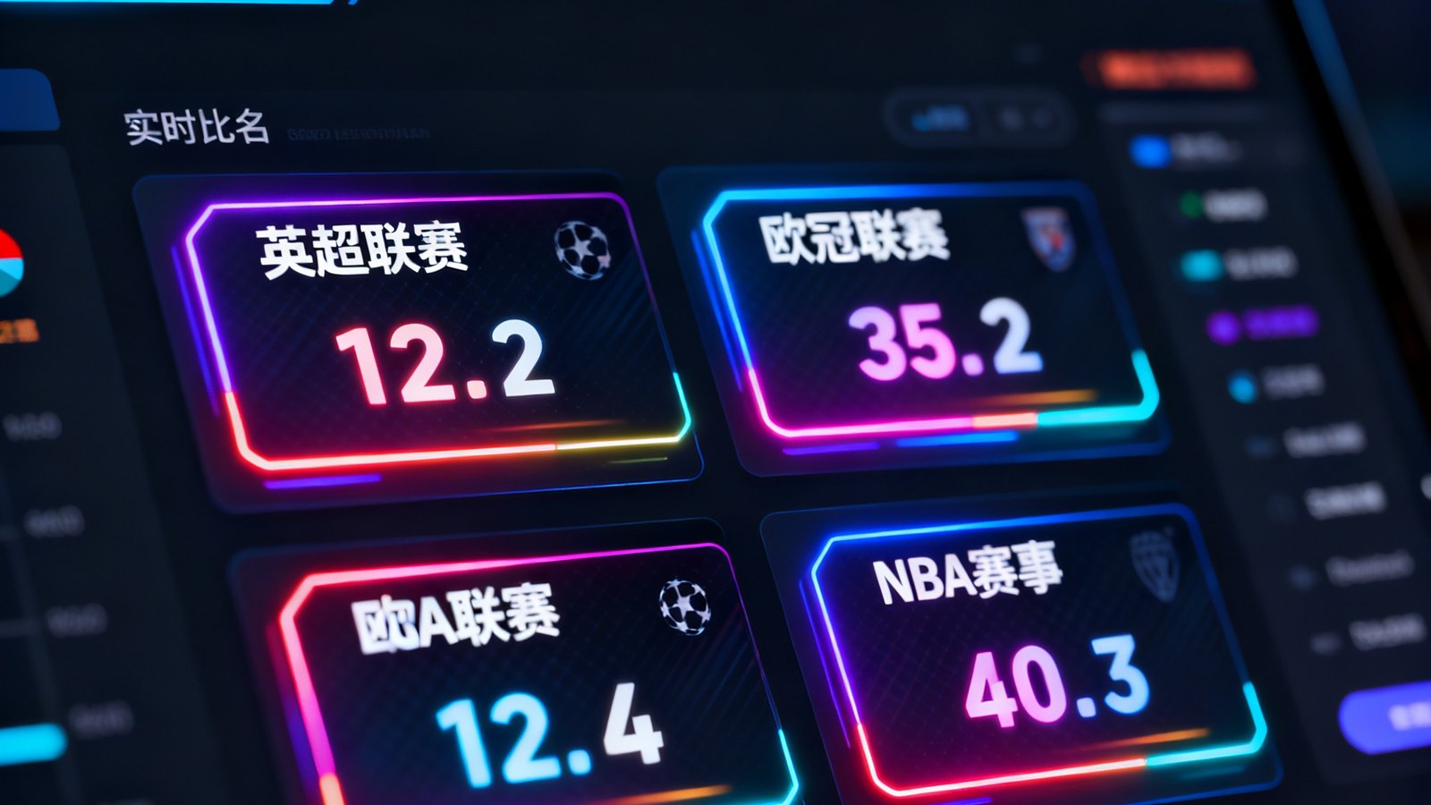 球吧平台首页界面展示，深色主题屏幕上同时显示英超联赛、欧冠联赛和NBA赛事的实时比分数据面板，界面设计现代且信息层次分明，带有霓虹色彩的数据卡片和动态更新的比分数字。