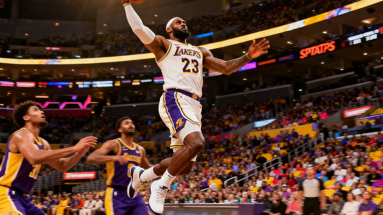 NBA比赛中湖人队球星勒布朗·詹姆斯持球突破防守球员飞身上篮的精彩瞬间，背景是斯台普斯中心明亮的灯光和密集的观众席，篮球即将离开指尖进入篮筐。